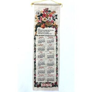 1979 Vintage Calendar Linen Daisies Flowers Basket Fruit Prayer Kitchen Beige